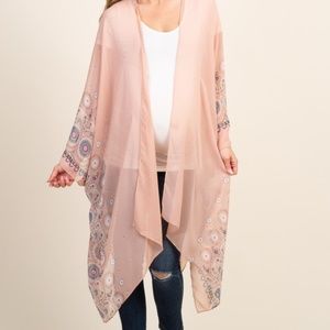 NWOT Pink Floral Border Chiffon Long Kimono